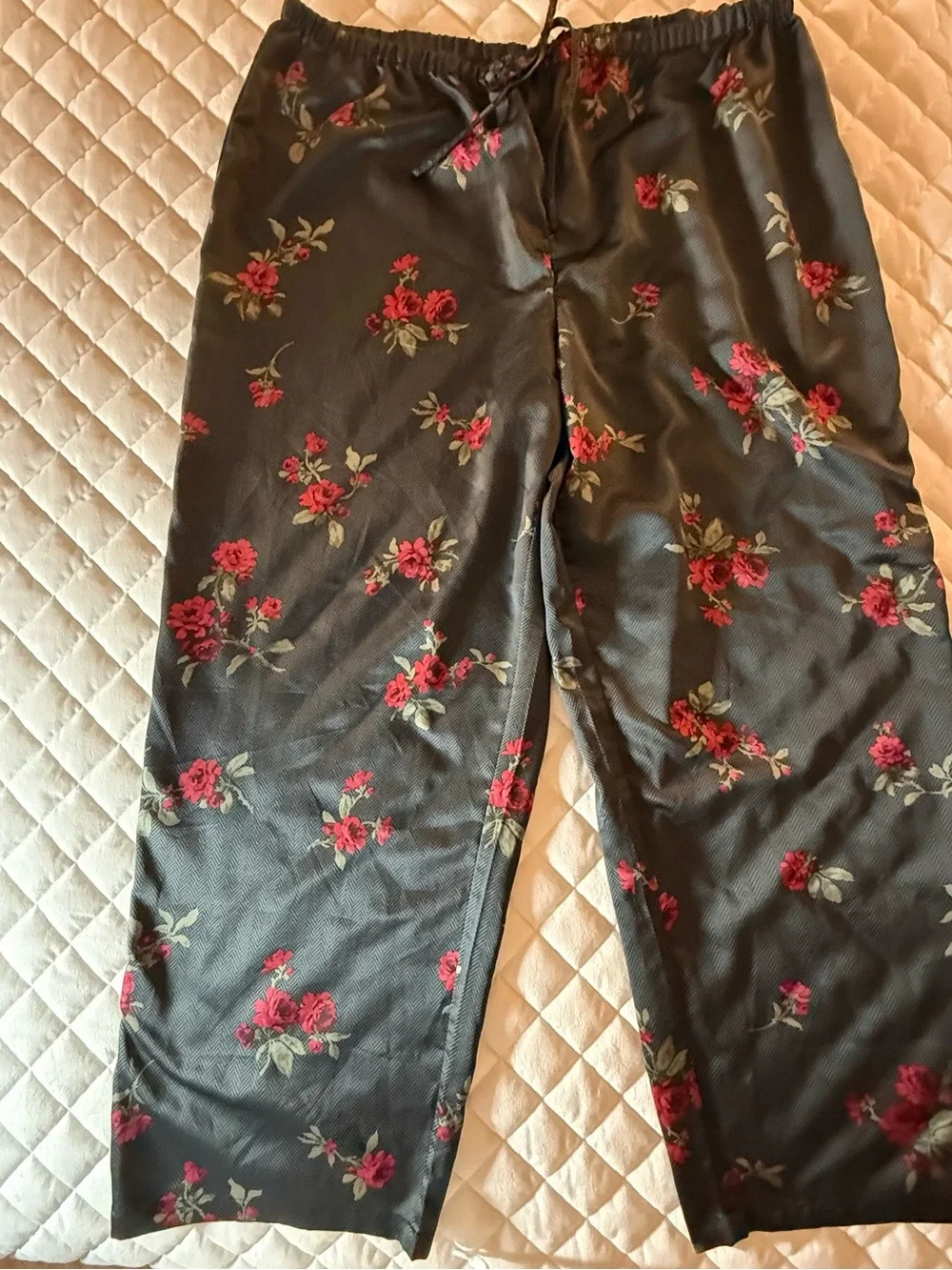 Lauren Ralph Lauren Satin Long Pajama Set Gray Herringbone Red Floral 2X